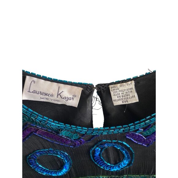 Vintage Laurence Kazar Sequined Silk Top Black Blue Green Short Sleeve Petite Me - Picture 6 of 10